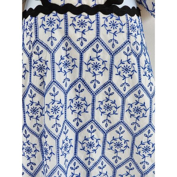 NWT H&M Blue White Embroidered Floral Eyelet Black RicRac Cutout Waist Dress XXL - Picture 5 of 8